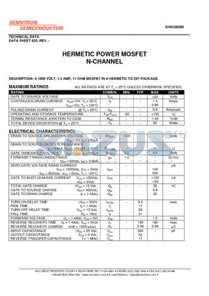 SHD226208 datasheet - HERMETIC POWER MOSFET N-CHANNEL