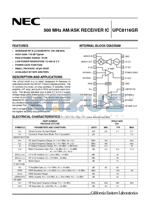 UPC8116GR datasheet - 500 MHz AM/ASK RECEIVER IC