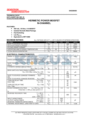 SHD226302 datasheet - HERMETIC POWER MOSFET N-CHANNEL