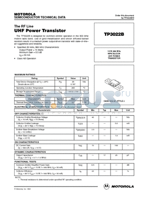 TP3022 datasheet - NPN SILICON UHF POWER TRANSISTOR