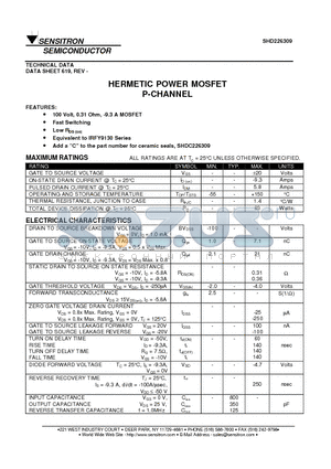 SHD226309 datasheet - HERMETIC POWER MOSFET P-CHANNEL