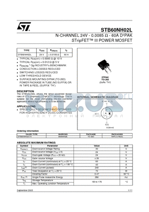 STB60NH02L datasheet - N-CHANNEL 24V - 0.0085 ohm - 60A DbPAK STripFET III POWER MOSFET