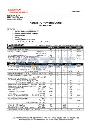 SHD226402 datasheet - HERMETIC POWER MOSFET N-CHANNEL