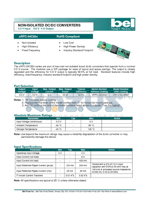 VRPC-04C50W datasheet - NON-ISOLATED DC/DC CONVERTERS 3.3 V Input 5.0 V / 4 A Output