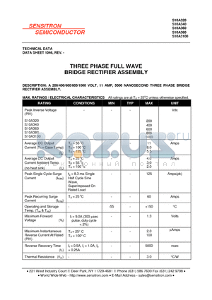 S10A3100 datasheet - THREE PHASE FULL WAVE BRIDGE RECTIFIER ASSEMBLY