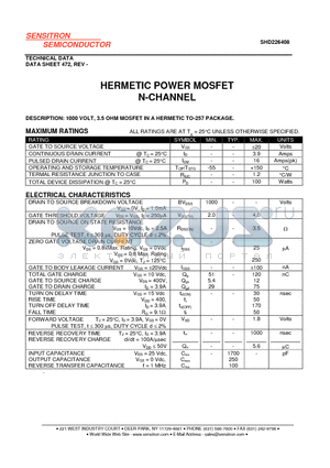 SHD226408 datasheet - HERMETIC POWER MOSFET N-CHANNEL