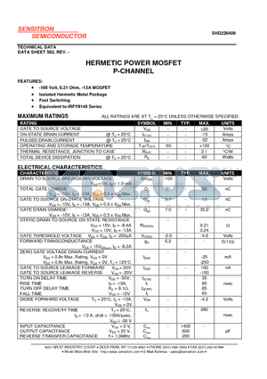 SHD226409 datasheet - HERMETIC POWER MOSFET P-CHANNEL