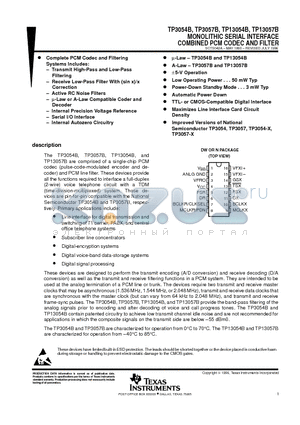 TP3054BDW datasheet - MONOLITHIC SERIAL INTERFACE COMBINED PCM CODEC AND FILTER