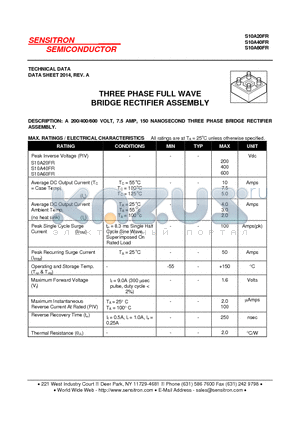 S10A40FR datasheet - THREE PHASE FULL WAVE BRIDGE RECTIFIER ASSEMBLY