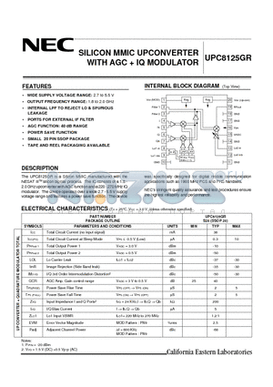 UPC8125GR-E1 datasheet - SILICON MMIC UPCONVERTER WITH AGC  IQ MODULATOR