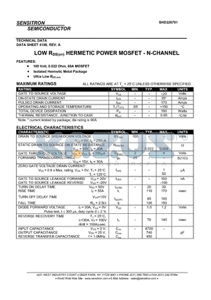 SHD226701 datasheet - LOW RDS(on) HERMETIC POWER MOSFET - N-CHANNEL