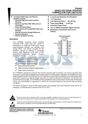 TP3056BN datasheet - MONOLITHIC SERIAL INTERFACE COMBINED PCM CODEC AND FILTER
