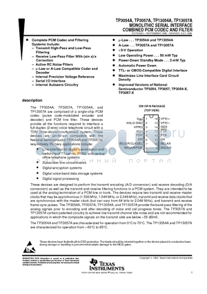 TP3057AN datasheet - MONOLITHIC SERIAL INTERFACE COMBINED PCM CODEC AND FILTER