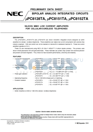 UPC8128TA datasheet - SILICON MMIC LOW CURRENT AMPLIFIERS FOR CELLULAR/CORDLESS TELEPHONES