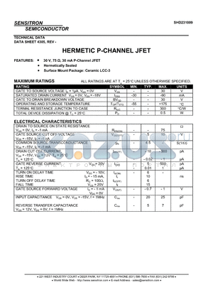 SHD231009 datasheet - HERMETIC P-CHANNEL JFET