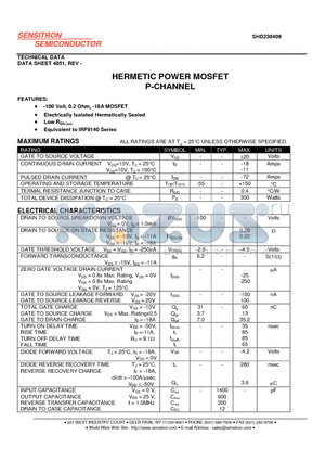 SHD239409 datasheet - HERMETIC POWER MOSFET P-CHANNEL