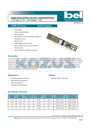 VRPD-15C150 datasheet - NON-ISOLATED DC/DC CONVERTERS 3.3V Input / 1.2V - 2.5V Output / 15A