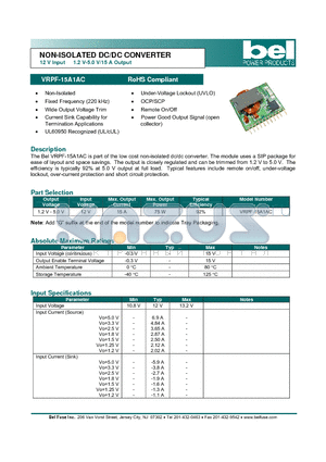 VRPF-15A1AC datasheet - NON-ISOLATED DC/DC CONVERTER 12 V Input 1.2 V-5.0 V/15 A Output