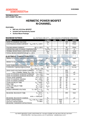 SHD239606 datasheet - HERMETIC POWER MOSFET N-CHANNEL