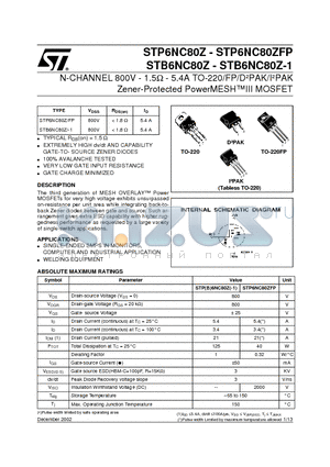 STB6NC80 datasheet - N-CHANNEL 800V - 1.5ohm - 5.4A TO-220/FP/DbPAK/IbPAK Zener-Protected PowerMESHIII MOSFET