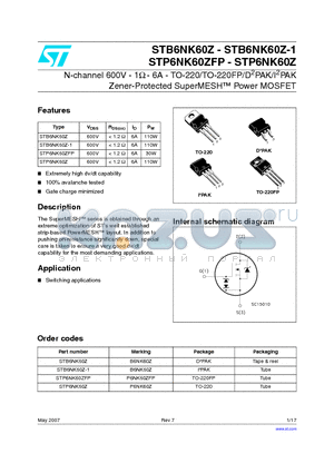 STB6NK60Z datasheet - N-channel 600V - 1Y - 6A - TO-220/TO-220FP/D2PAK/I2PAK Zener-Protected SuperMESH Power MOSFET