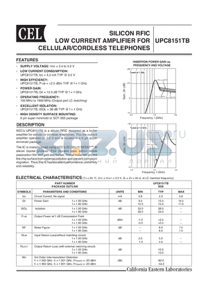 UPC8151TB datasheet - SILICON RFIC LOW CURRENT AMPLIFIER FOR CELLULAR/CORDLESS TELEPHONES