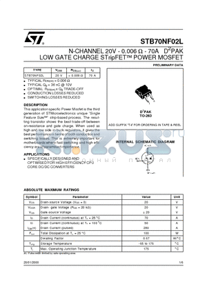 STB70NF02L datasheet - N-CHANNEL 20V - 0.006 OHM - 70A D2PAK LOW GATE CHARGE STripFET POWER MOSFET