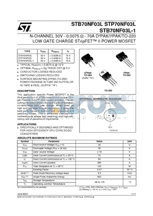 STB70NF03L datasheet - N-CHANNEL 30V - 0.0075 ohm - 70A D2PAK/I2PAK/TO-220 LOW GATE CHARGE STripFET II POWER MOSFET