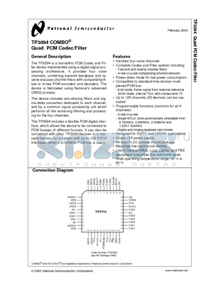 TP3094 datasheet - Quad PCM Codec/Filter