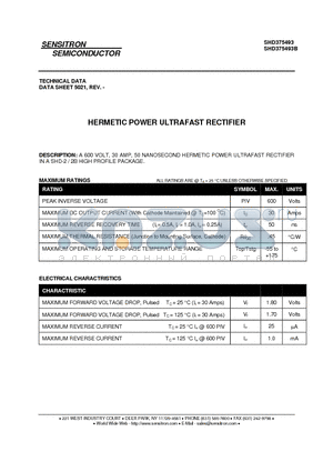 SHD375493B datasheet - HERMETIC POWER ULTRAFAST RECTIFIER