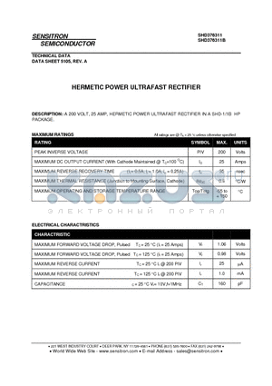 SHD376311 datasheet - HERMETIC POWER ULTRAFAST RECTIFIER