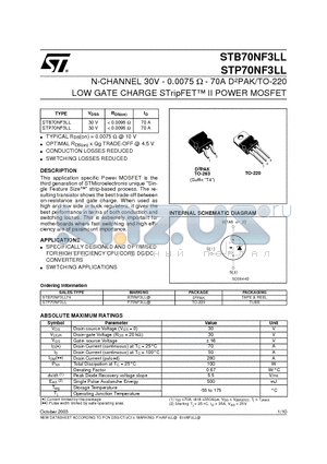 STB70NF3LLT4 datasheet - N-CHANNEL 30V - 0.0075 ohm - 70A D2PAK/TO-220 LOW GATE CHARGE STripFET II POWER MOSFET