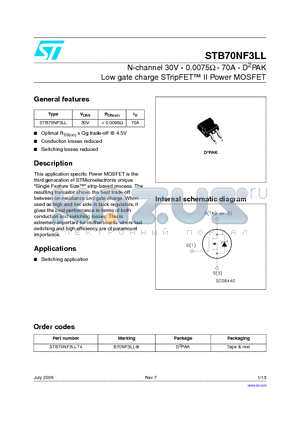 STB70NF3LLT4 datasheet - N-channel 30V - 0.0075ohm - 70A - D2PAK Low gate charge STripFET TM II Power MOSFET