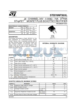 STB70NFS03L datasheet - N - CHANNEL 30V - 0.008ohm - 70A D2PAK STripFET MOSFET PLUS SCHOTTKY RECTIFIER