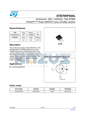 STB70NFS03L datasheet - N-channel - 30V - 0.0075ohm - 70A D2PAK STripFET TM Power MOSFET plus schottky rectifier