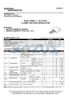 SHD501603 datasheet - DUAL FIXED /- 15.0 VOLT 1.5 AMP VOLTAGE REGULATOR