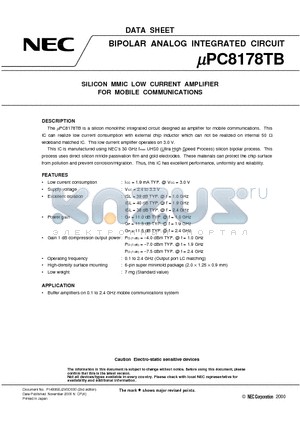 UPC8178TB datasheet - SILICON MMIC LOW CURRENT AMPLIFIER FOR MOBILE COMMUNICATIONS