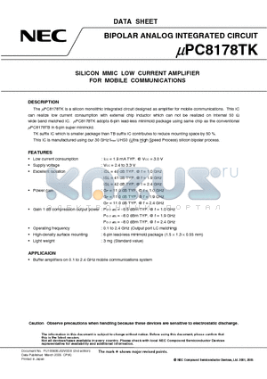 UPC8178TK datasheet - SILICON MMIC LOW CURRENT AMPLIFIER FOR MOBILE COMMUNICATIONS