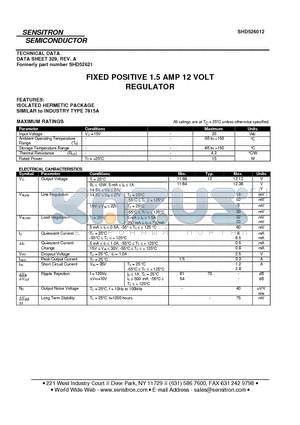 SHD526012 datasheet - FIXED POSITIVE 1.5 AMP 12 VOLT REGULATOR