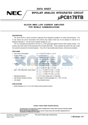 UPC8178TB-E3 datasheet - SILICON MMIC LOW CURRENT AMPLIFIER FOR MOBILE COMMUNICATIONS