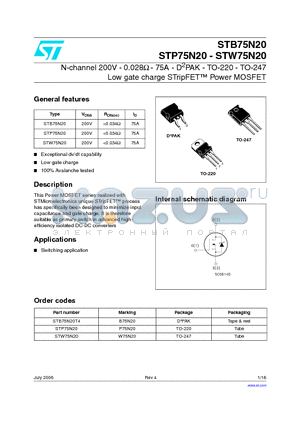 STB75N20 datasheet - N-channel 200V - 0.028Y - 75A - D2PAK - TO-220 - TO-247 Low gate charge STripFET Power MOSFET