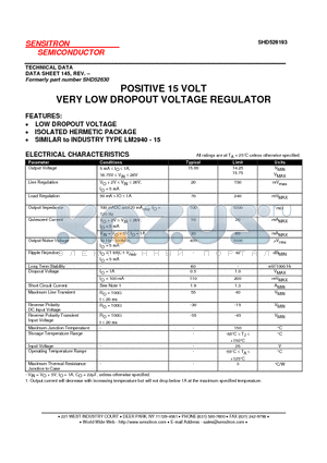 SHD526193 datasheet - POSITIVE 15 VOLT VERY LOW DROPOUT VOLTAGE REGULATOR