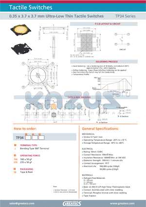 TP34J160TR datasheet - 0.35 x 3.7 x 3.7 mm Ultra-Low Thin Tactile Switches