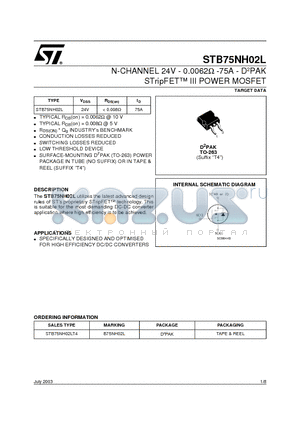STB75NH02L datasheet - N-CHANNEL 24V - 0.0062W -75A - D2PAK STripFET III POWER MOSFET