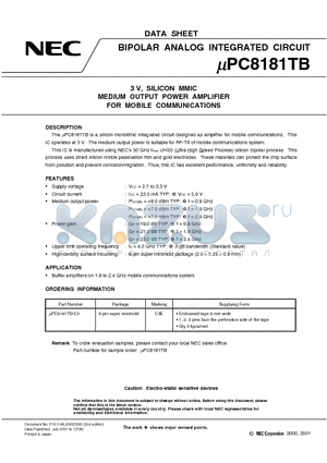 UPC8181TB-E3 datasheet - 3 V, SILICON MMIC MEDIUM OUTPUT POWER AMPLIFIER FOR MOBILE COMMUNICATIONS