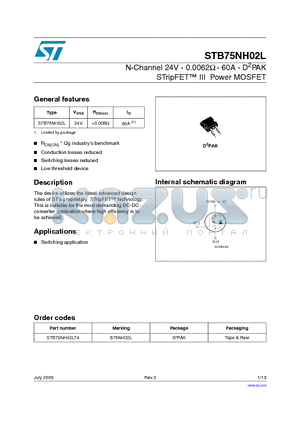 STB75NH02LT4 datasheet - N-Channel 24V - 0.0062ohm - 60A - D2PAK STripFET TM III Power MOSFET