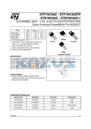 STB7NC80Z-1 datasheet - N-CHANNEL 800V - 1.3ohm - 6.5A TO-220/FP/D2PAK/I2PAK Zener-Protected PowerMESHIII MOSFET
