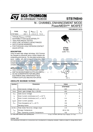 STB7NB40 datasheet - N - CHANNEL ENHANCEMENT MODE PowerMESH MOSFET