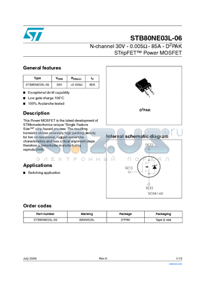 STB80NE03L-06_06 datasheet - N-channel 30V - 0.005ohm - 85A - D2PAK STripFET TM Power MOSFET