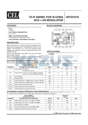 UPC8191K-E1-A datasheet - TX-IF SiMMIC FOR 2-CDMA ACG  I/Q MODULATOR